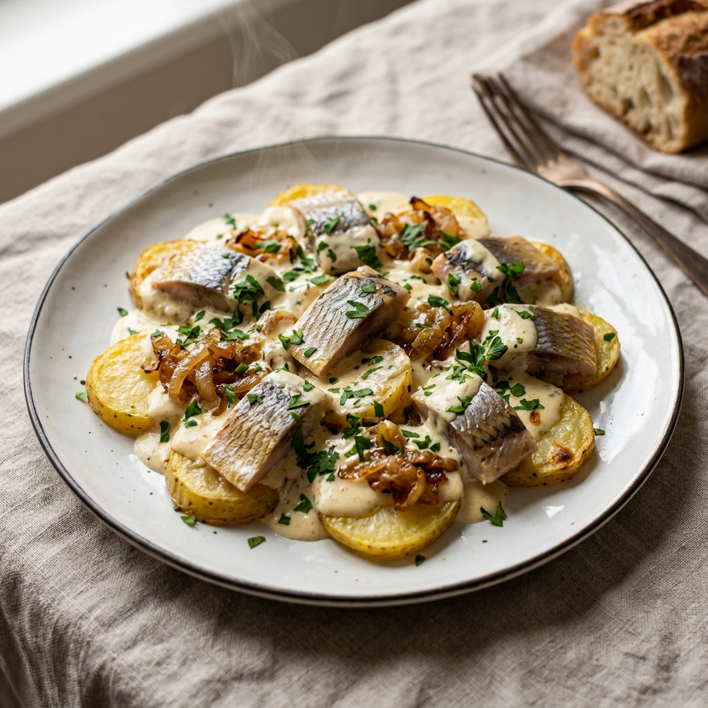 La recette Pommes de terre au hareng fumé, crème et oignons doux